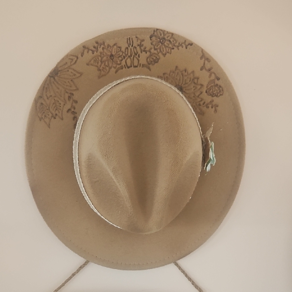 Tan Felt Floral Embroidered Hat